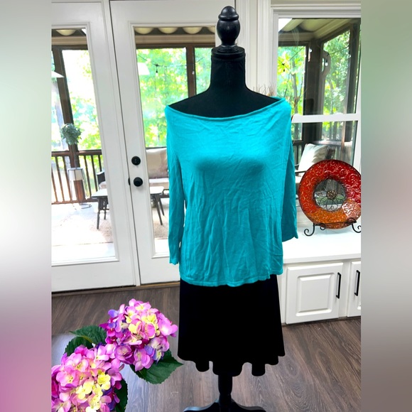 Women’s sweater size L, 3/4 sleeves, turquoise blue green cowl neck spring top - Picture 1 of 5